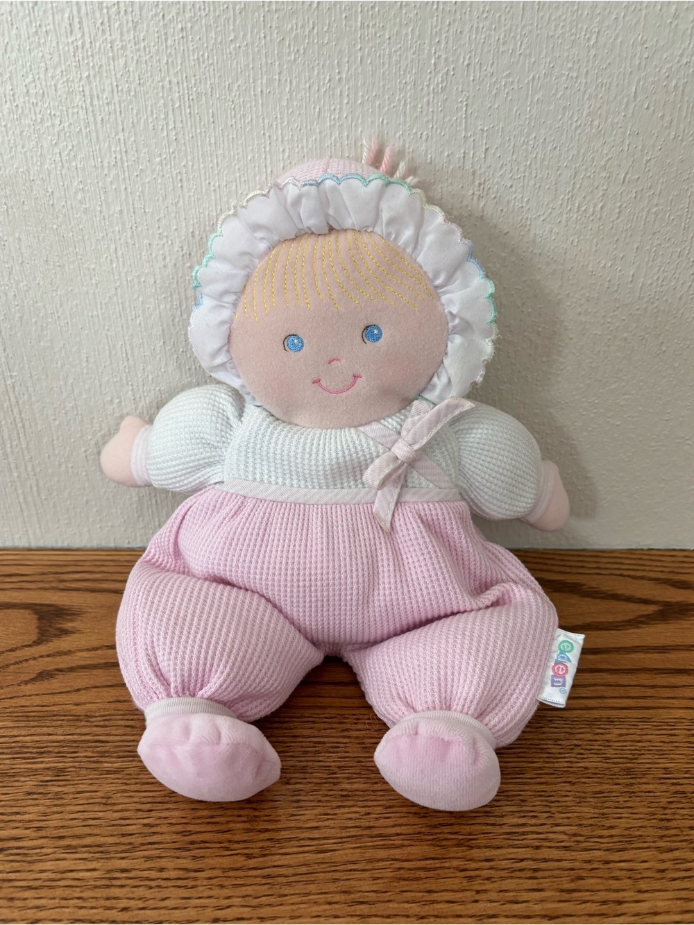 Vintage Eden Waffle Thermal Stuffed Baby Doll Pink White Sewn Features